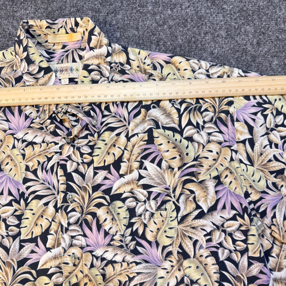 Campia Moda Shirt Mens Large Black Purple Tropical Leaf Print Cotton Hawaiian 90 - Picture 3 of 8